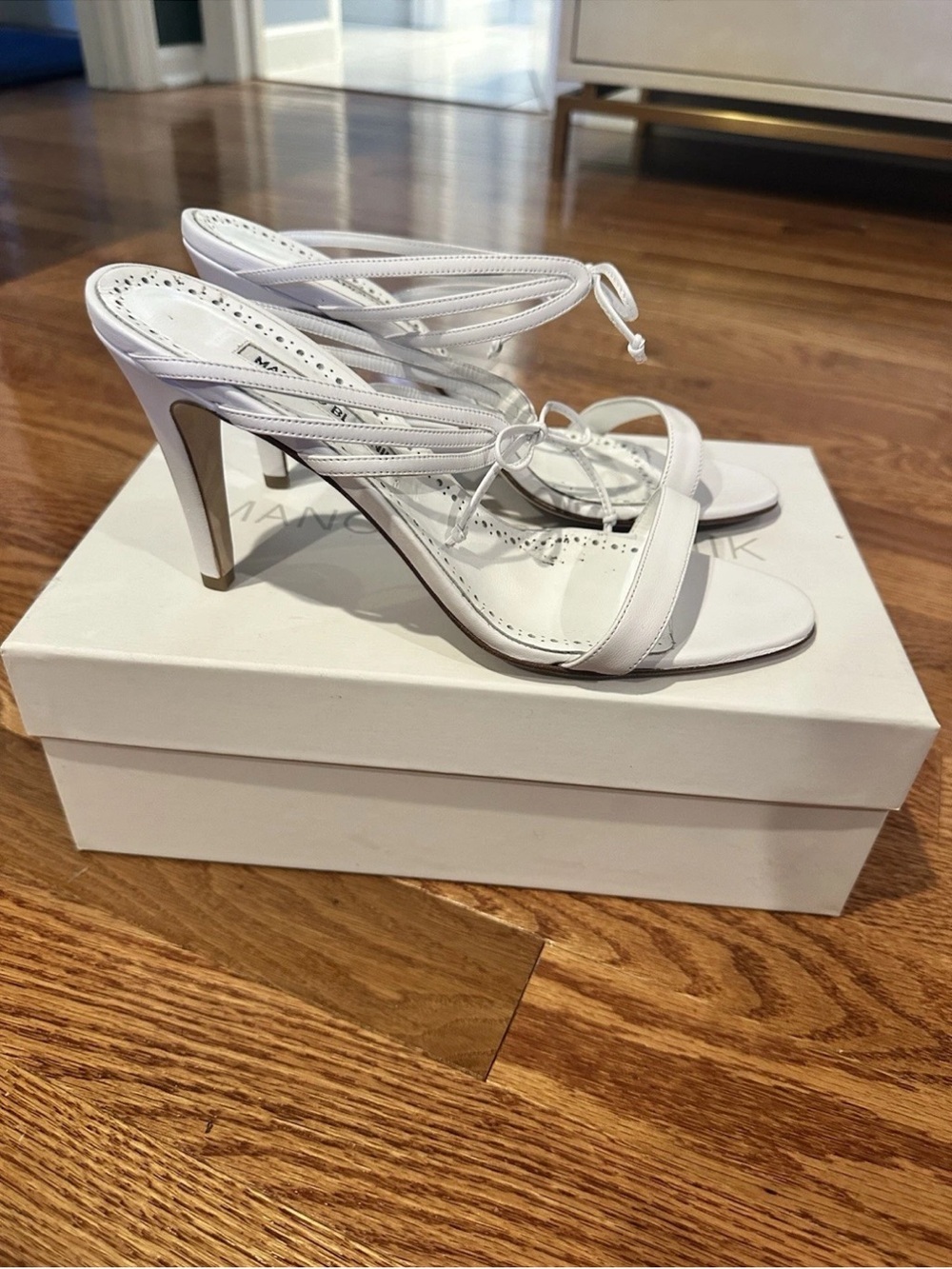 Manolo Blahnik White Leather Lace-Up High Heel Sandal - Picture 6 of 6